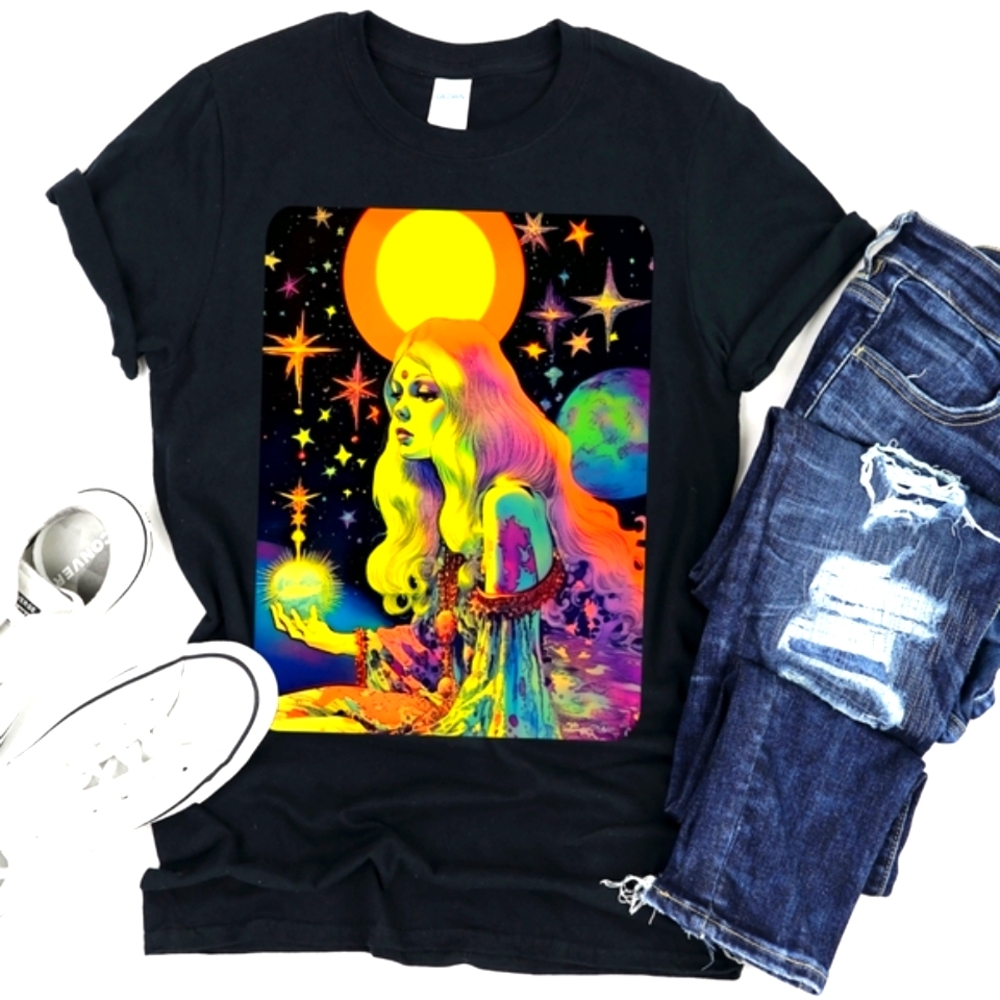 Glowing Goddess Shirt 🏵Free Art Print🌼 Celestial Moon Magic Bright Trippy - Picture 1 of 7